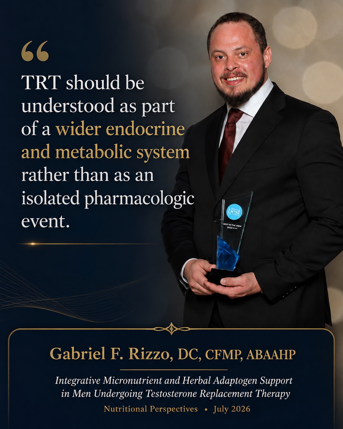 Pull-quote card from Dr. Rizzo’s published paper: TRT should be understood as part of a wider endocrine and metabolic system rather than as an isolated pharmacologic event.