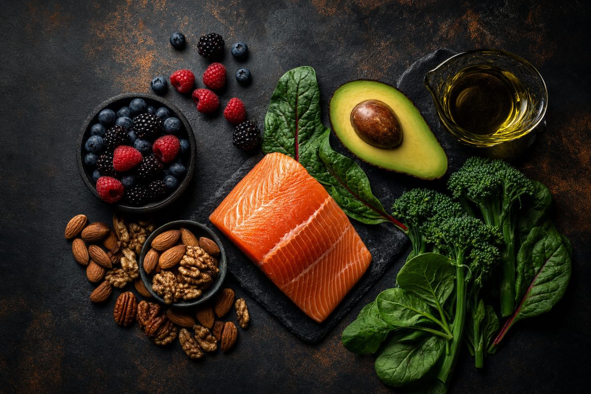 Whole foods arranged on a dark surface representing therapeutic nutrition and metabolic health at Alpha Care